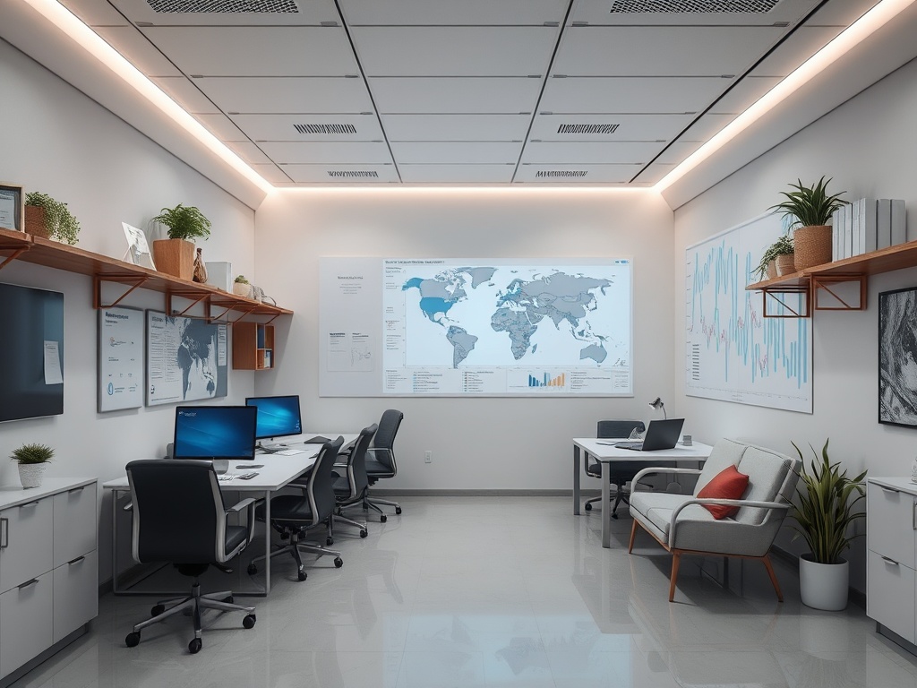 Современный офис с картой мира на стене и несколькими рабочими местами с компьютерной техникой.