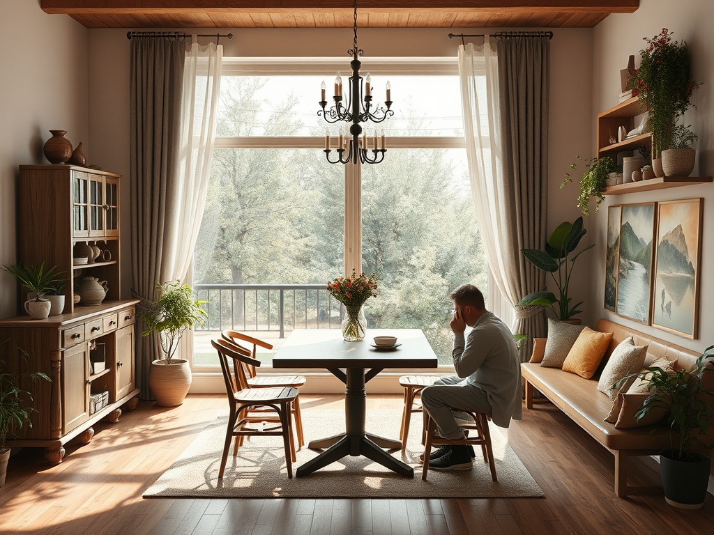 Человека сидит за столом в уютной комнате, окружённой растениями и светом через большое окно.