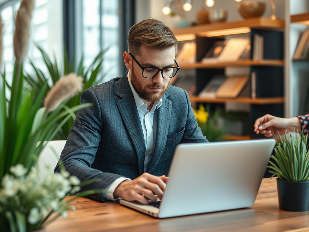 Молодой человек в очках работает за ноутбуком в уютном офисе с зелеными растениями на столе.