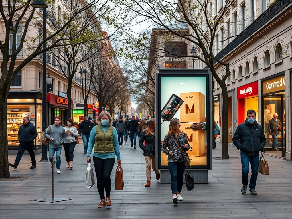 На улице многолюдно: люди идут мимо магазинов и рекламных вывесок в масках. Деревья с зелеными листьями.