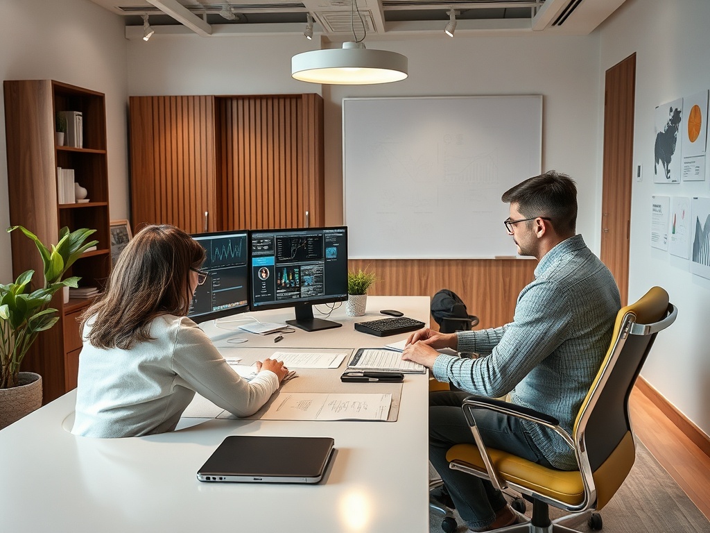 Два человека обсуждают данные на экранах компьютеров в современном офисе с кабинетной меблировкой.