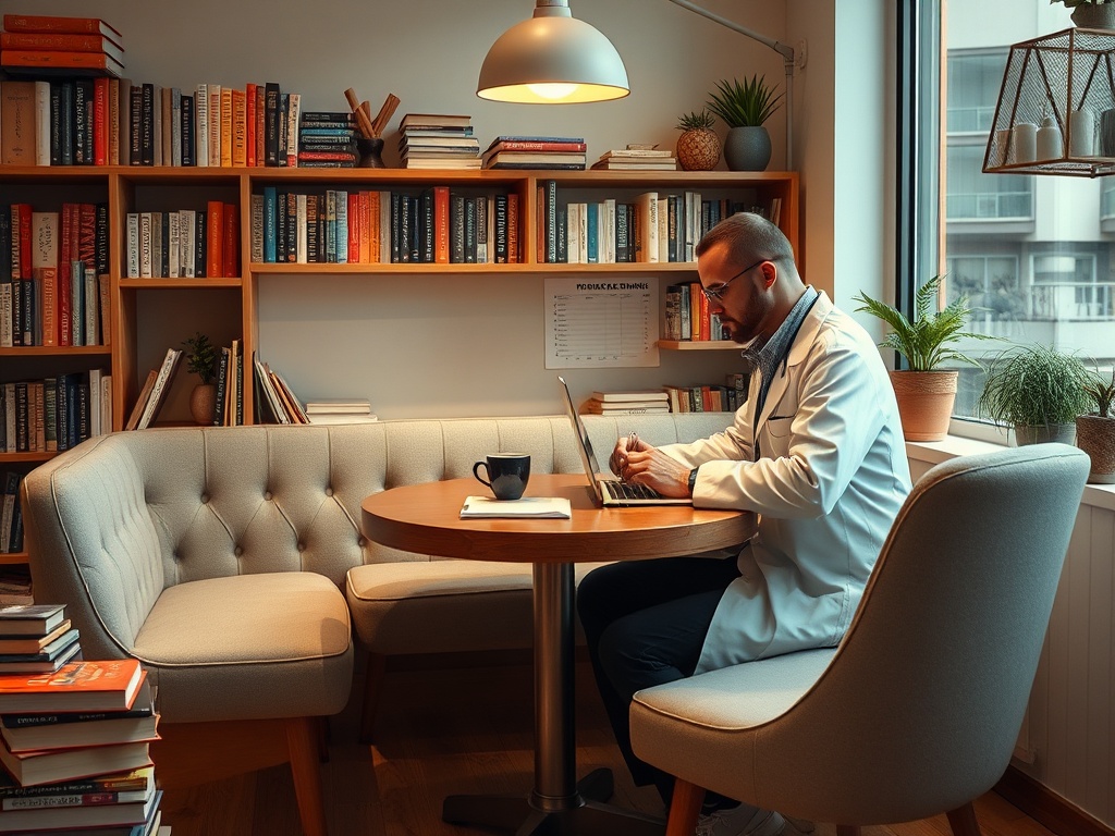На изображении врач, работающий за столом в уютной библиотеке, окружённый книгами и растениями.