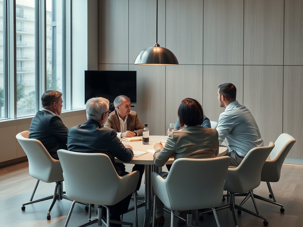 Группа людей в деловой встрече в конференц-зале, обсуждающих важные вопросы.