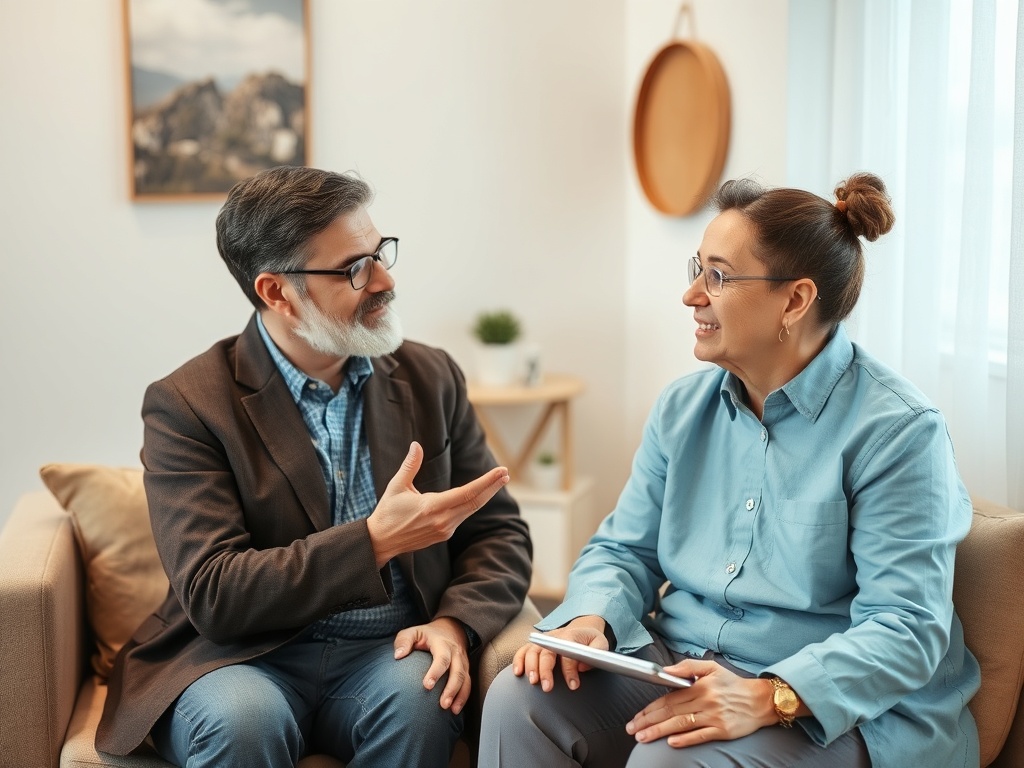 На изображении два человека в беседе, сидящие на диване в уютном помещении. Они выглядят заинтересованными.