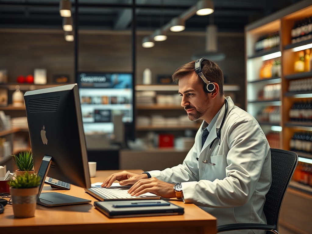 Врач в белом халате работает за компьютером, носит наушники и сосредоточен на экране.