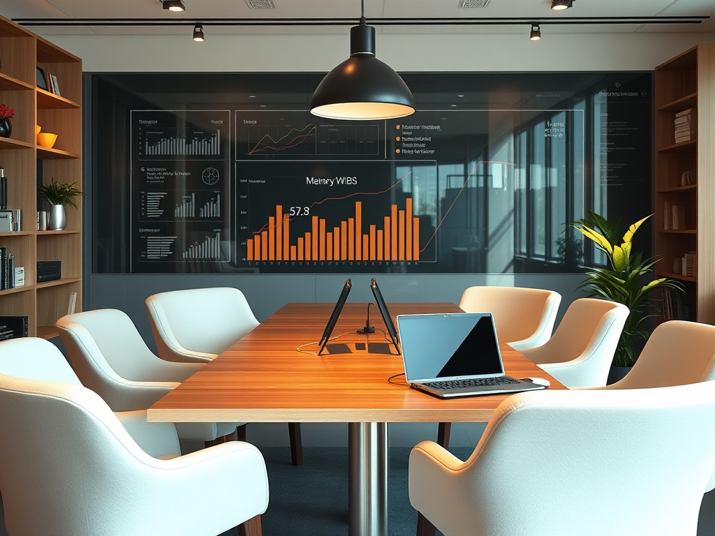 Современно оформленная переговорная комната с графиками и двумя ноутбуками на столе.