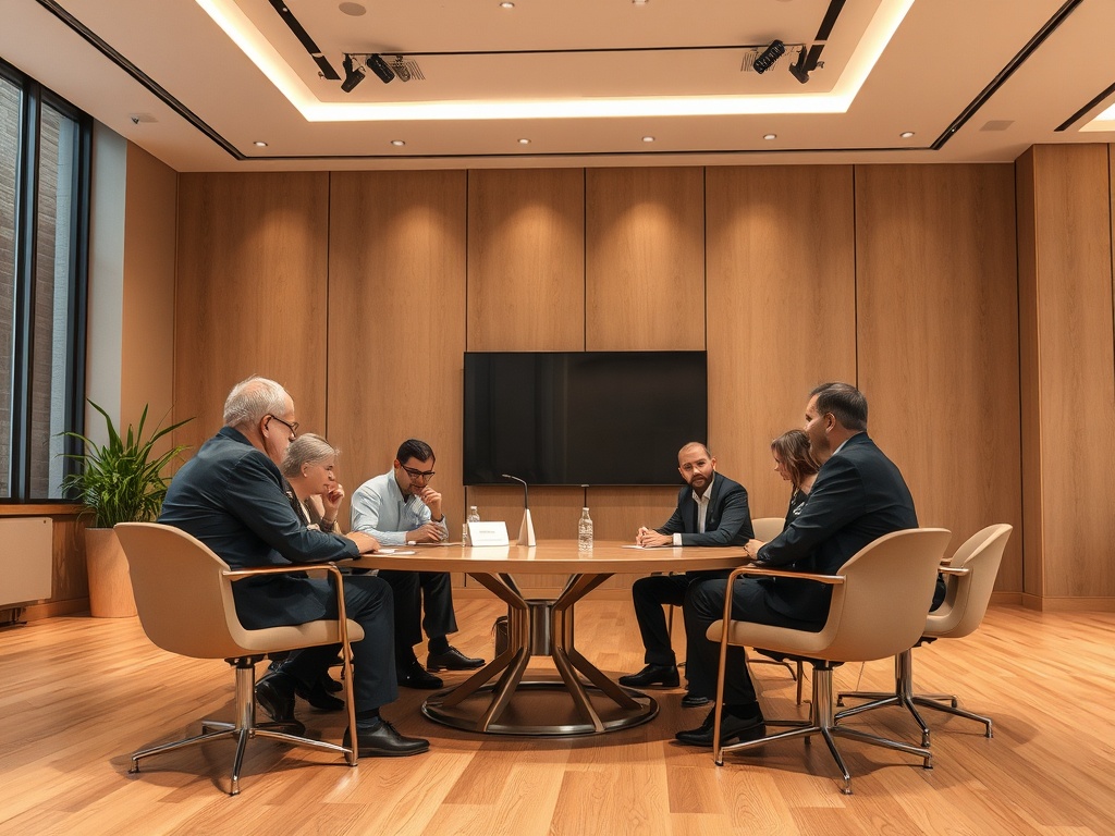 На встрече сидят шесть человек, обсуждающих вопросы за круглым столом в современном кабинете.