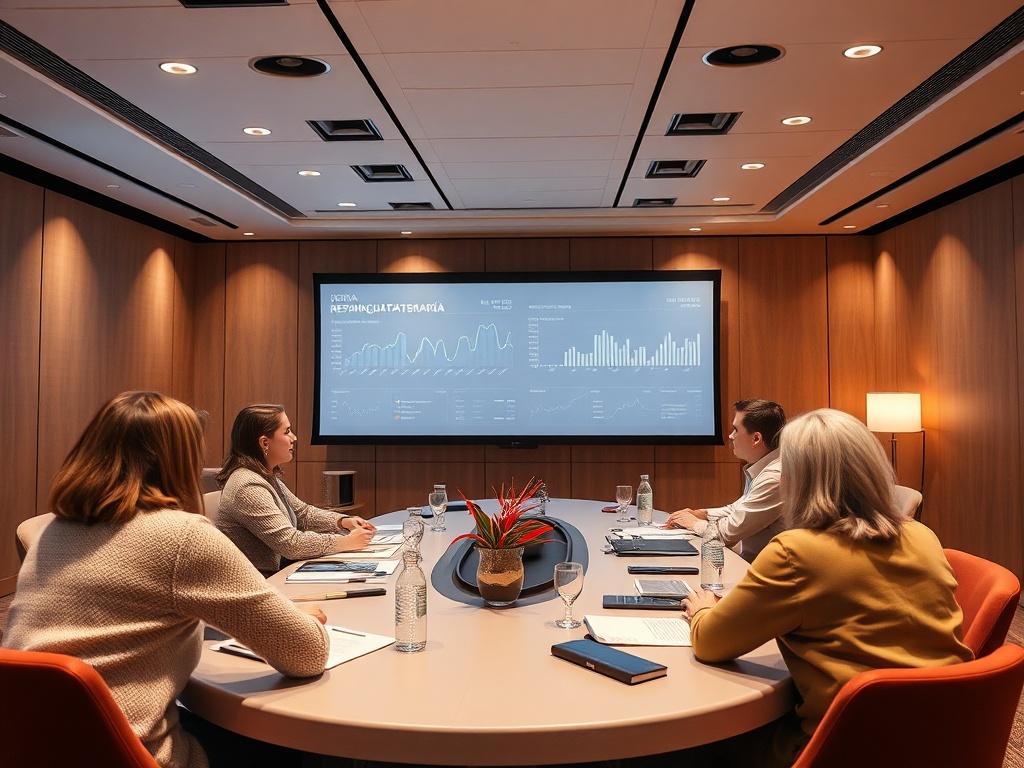 В современном конференц-зале группа людей обсуждает данные, представленные на экране.