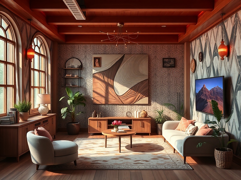 Современная гостиная с большими окнами, живыми растениями и стильной мебелью на фоне декоративных стен.