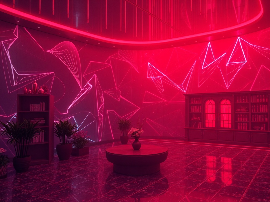 Современный интерьер с яркими розовыми огнями и геометрическими узорами на стенах. Цветы и мебель в помещении.
