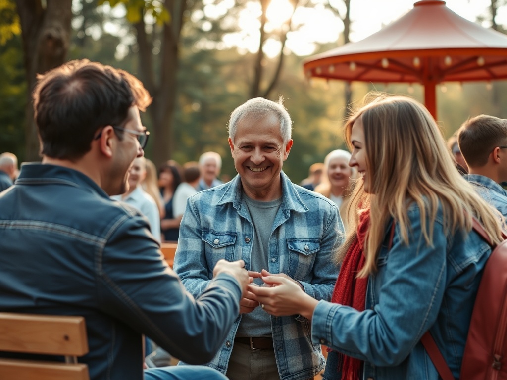 Компания друзей смеется и общается на улице в парке, наслаждаясь теплым днем.