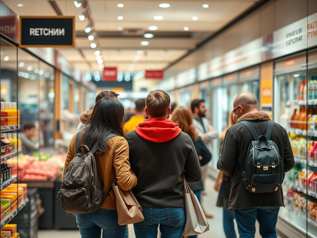 Два человека с пакетами стоят в супермаркете, рядом с холодными витринами и другими покупателями.