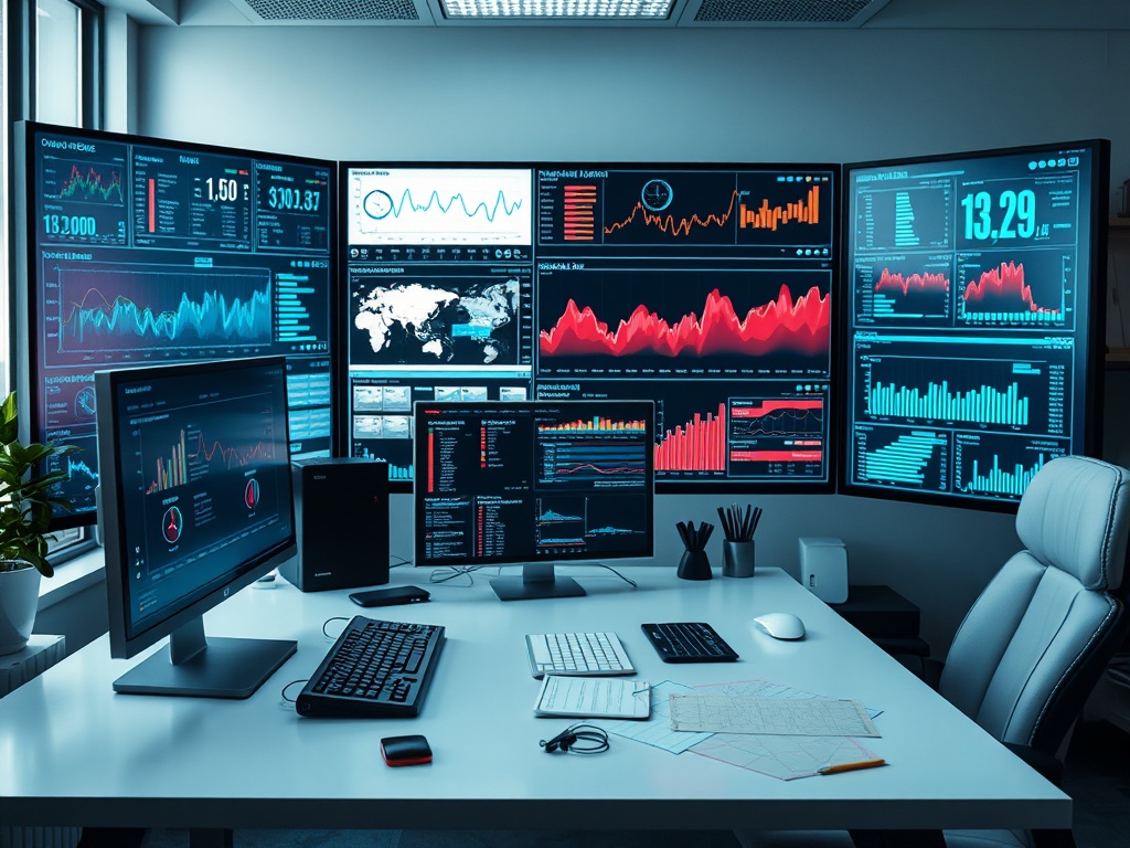 Современный офис с несколькими экранами, отображающими графики и данные в реальном времени. Стильный минимализм.