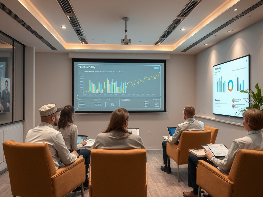 На совещании несколько человек смотрят на экран с графиками и диаграммами в современном офисе.
