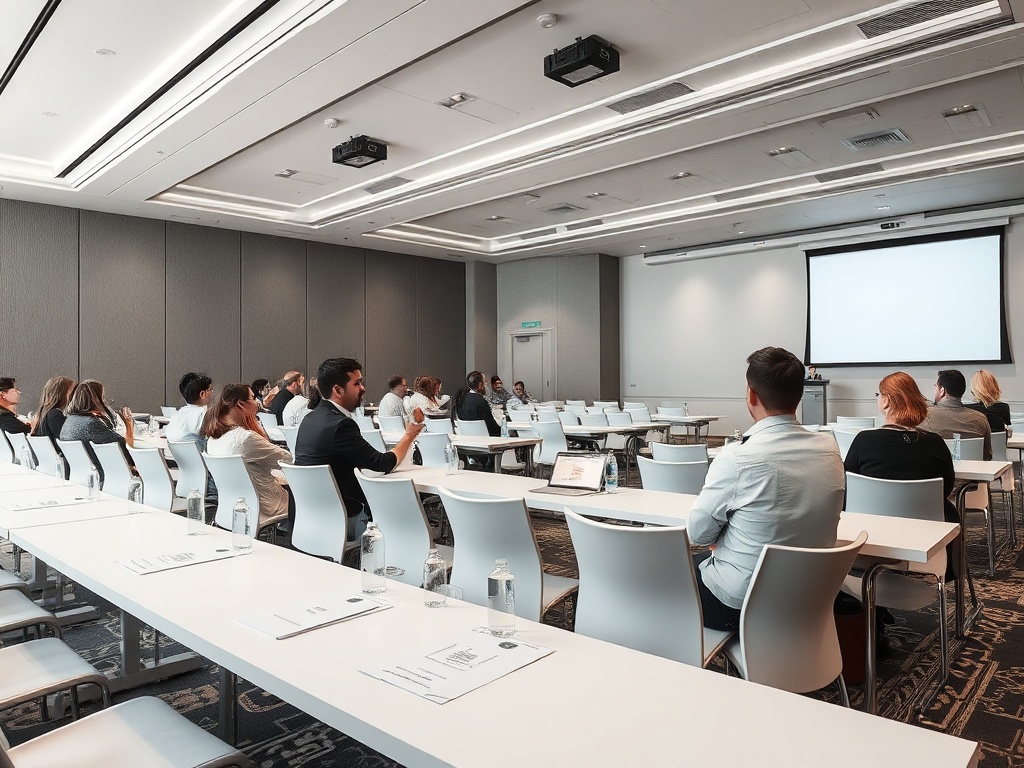 На деловой встрече в современном конференц-зале. Участники внимательно слушают презентацию.