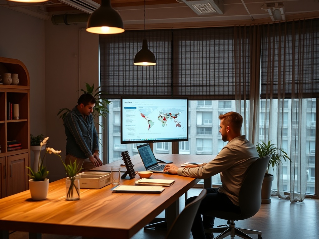 В офисе два человека обсуждают данные на большом экране с картой мира, вокруг — растения и современная мебель.