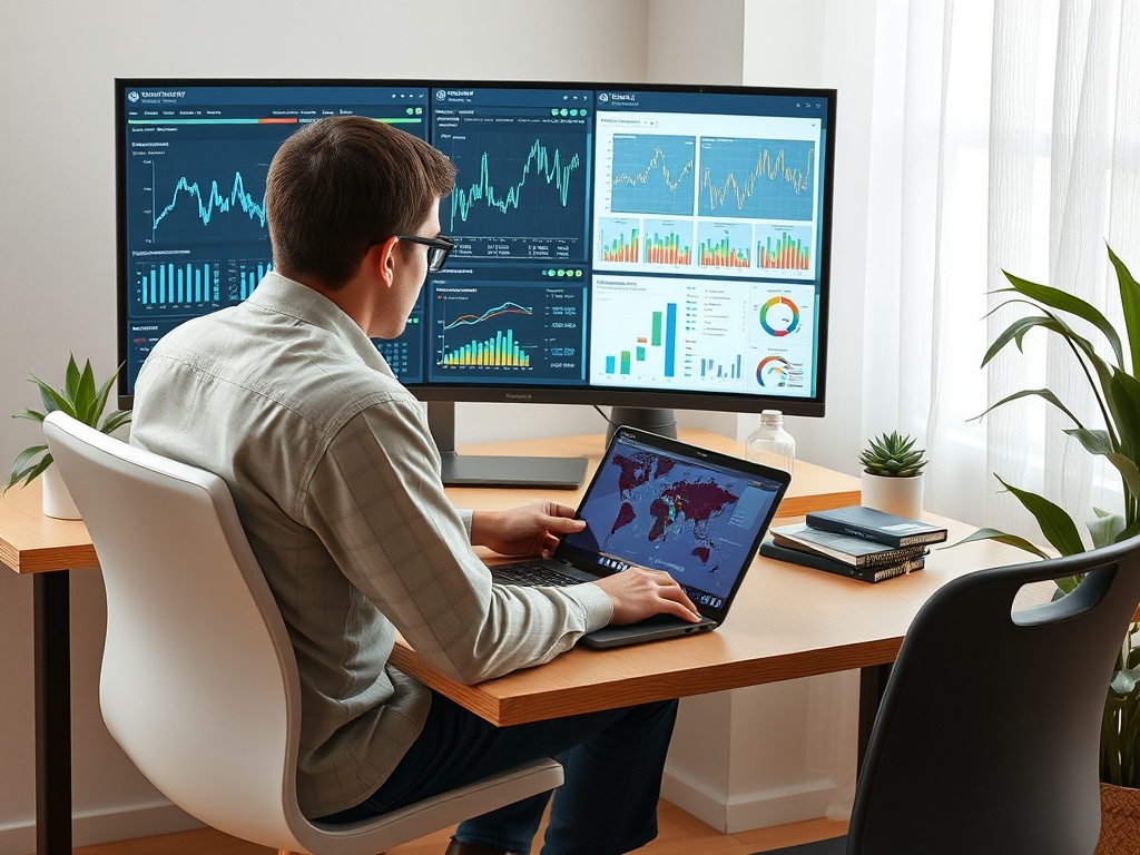 Человек работает за столом с ноутбуком и двумя мониторами, показывающими данные и графики.
