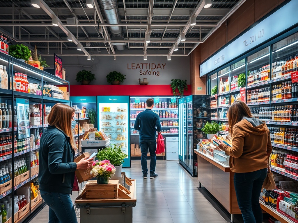 В супермаркете покупатели выбирают продукты среди полок с напитками и закусками. Атмосфера современного магазина.