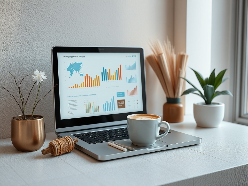 На столе компьютер с графиками, рядом цветы и чашка кофе. Уютная рабочая обстановка.