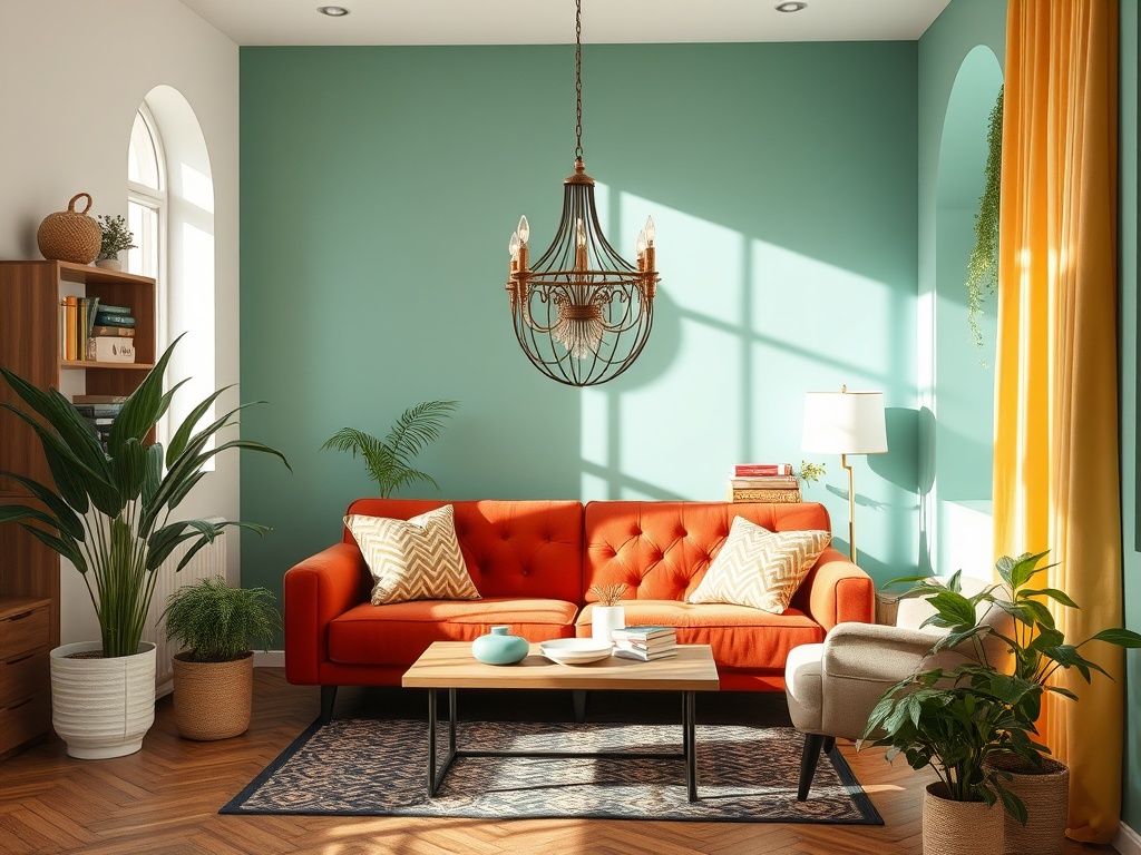 Современный интерьер: яркий диван, зелёные растения и стильная люстра на фоне голубой стены.