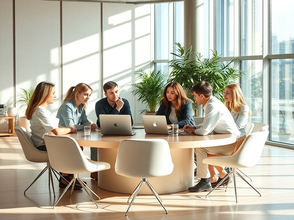 Шестеро человек сидят за круглым столом в офисе, работают на ноутбуках и обсуждают идеи. Светло и открыто.