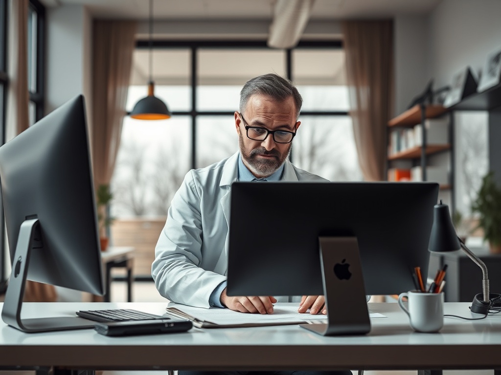 Врач в белом халате работает за компьютером в кабинете. На столе офисная техника и документы.