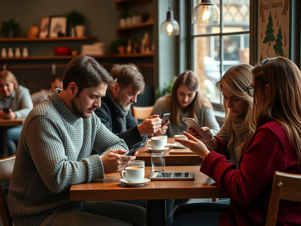 Группа людей в кафе, сосредоточенно используя смартфоны. На столе чашка кофе и стакан воды.