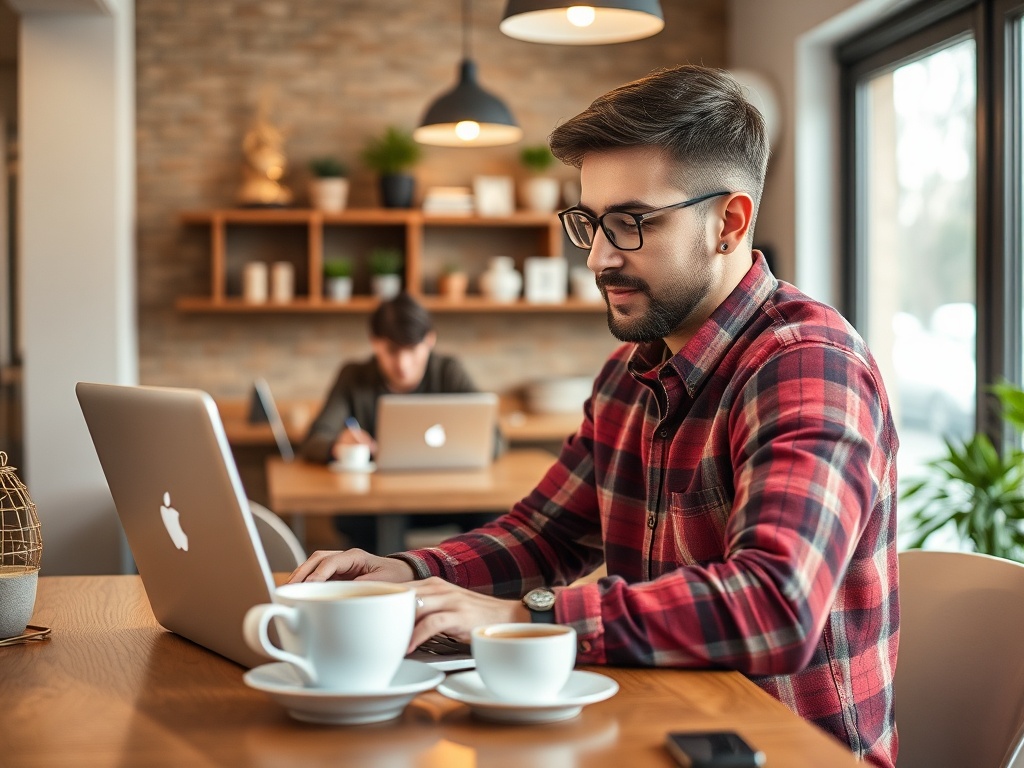 Молодой человек в клетчатой рубашке работает за ноутбуком в кафе с чашкой кофе на столе.