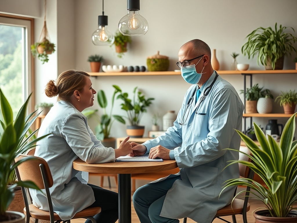 Доктор и пациент разговаривают за столом в уютном помещении, окружённом растениями. Оба носят маски.