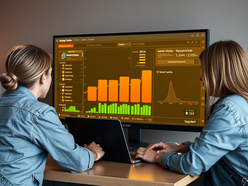 Две женщины смотрят на экран с графиками и анализом данных на черном фоне в офисе.