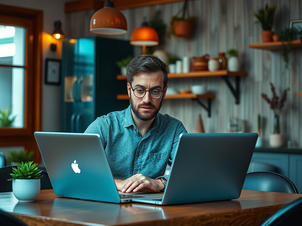 Мужчина за столом, работающий на двух ноутбуках, в уютном помещении с растениями и декором.