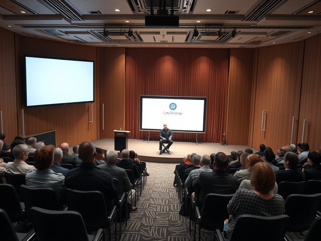 На мероприятии спикер выступает перед аудиторией в современном конференц-зале.