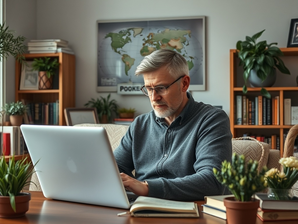 Пожилой мужчина работает за ноутбуком в уютной комнате с растениями и книгами на полках.