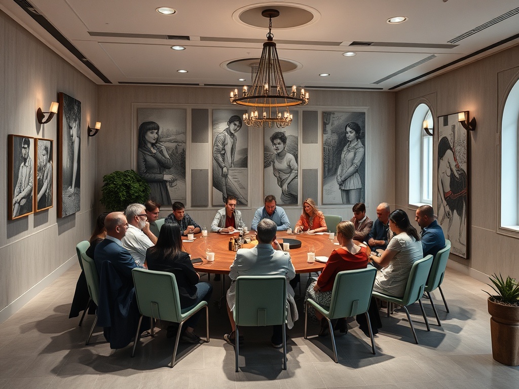 В помещении для совещаний группа людей обсуждает что-то за круглым столом, на стенах картины.