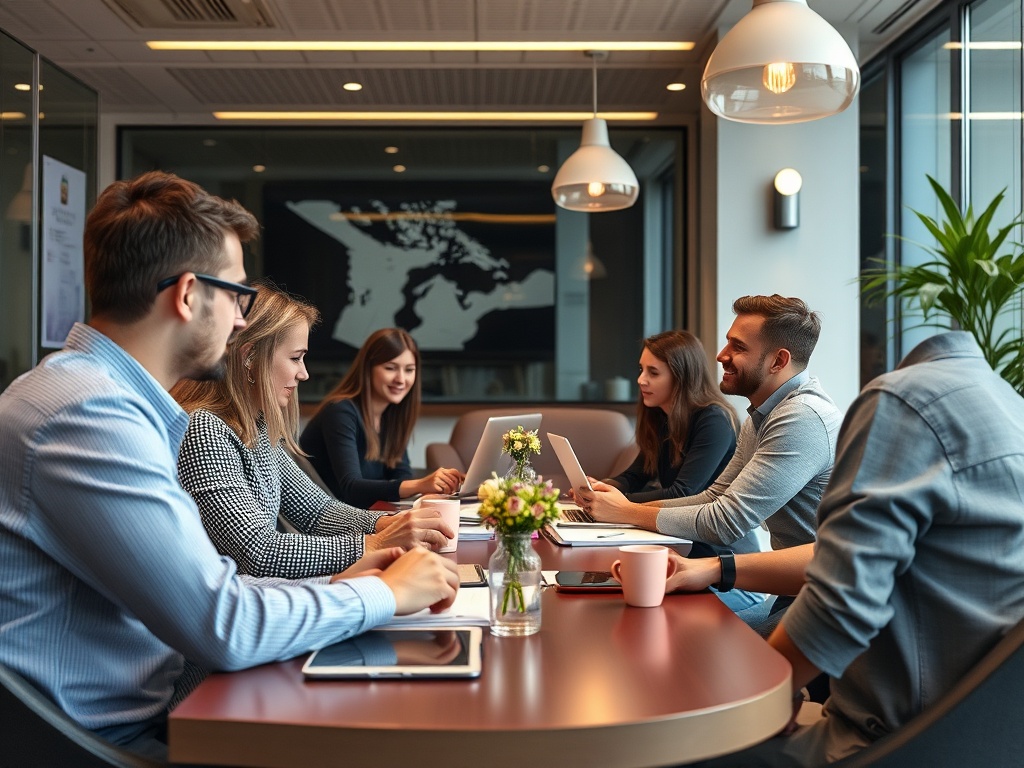 Группа людей обсуждает идеи за столом в современном офисе, с ноутбуками и напитками на столе.