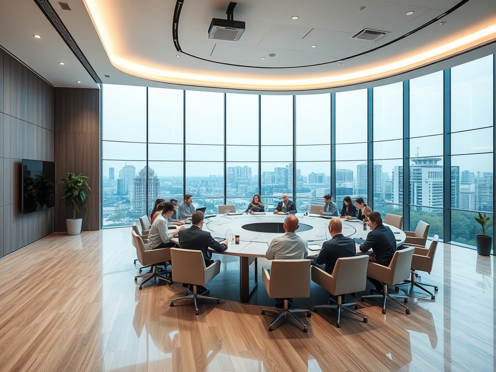 Современный конференц-зал с участниками на собрании и панорамным видом на город через большие окна.