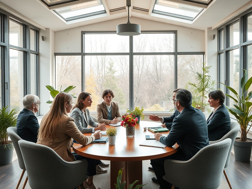 Группа людей обсуждает идеи за круглым столом в светлом офисе с большими окнами и зелеными растениями.