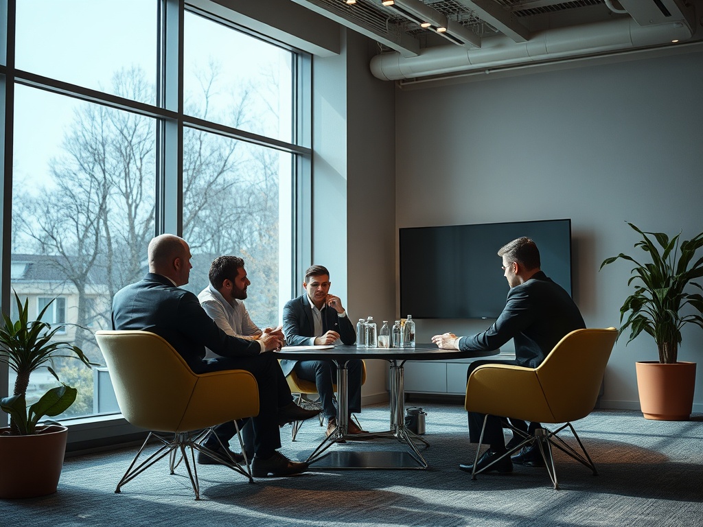 На встрече четыре человека обсуждают важные вопросы в современном офисе у окна.