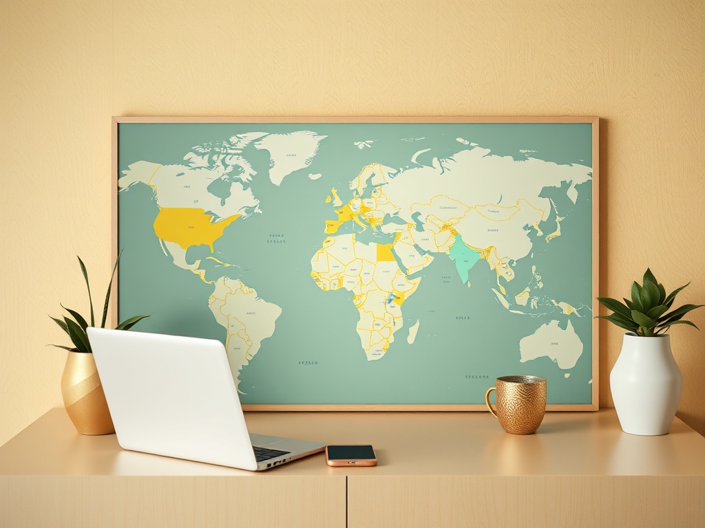 На стене карта мира с зелёным фоном и жёлтыми отметками, рядом ноутбук и украшения из растений.