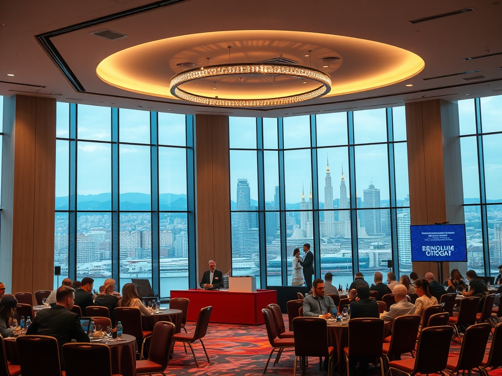 Конференция с видом на город. Участники обсуждают идеи, расположенные за большими окнами.