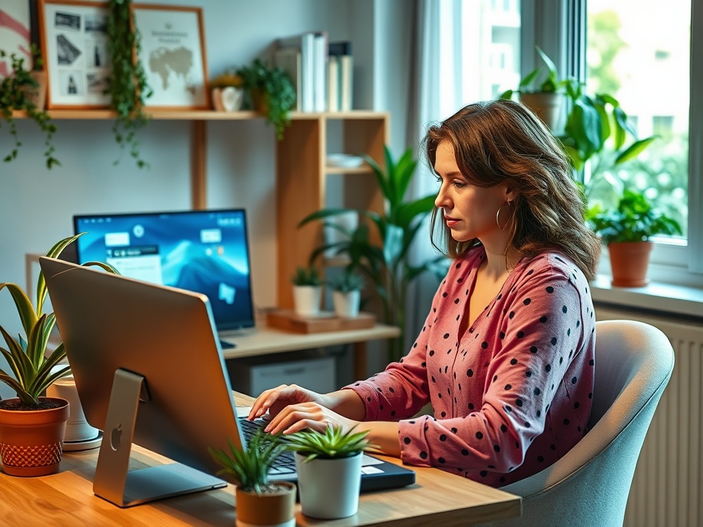 Женщина работает за компьютером в уютном офисе, окружённая зелеными растениями.