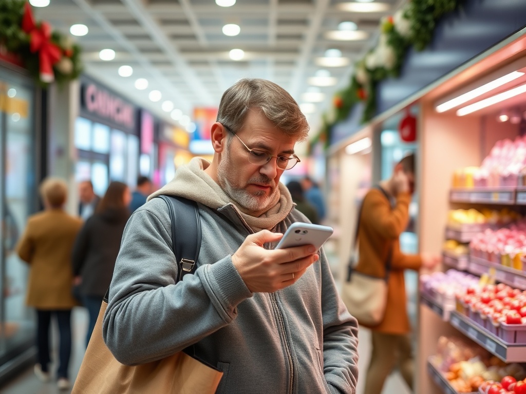 Пожилой мужчина в очках смотрит на телефон в продуктовом магазине, вокруг люди.