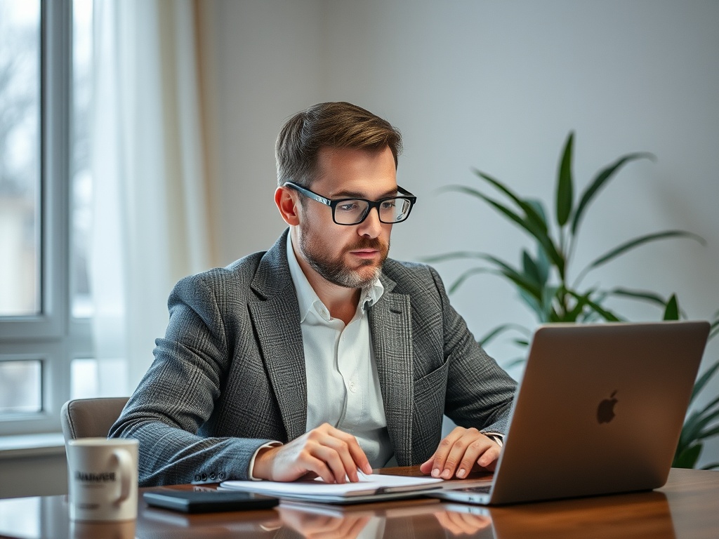 На изображении молодой человек в строгом костюме работает за ноутбуком в офисе, рядом с ним чашка кофе.