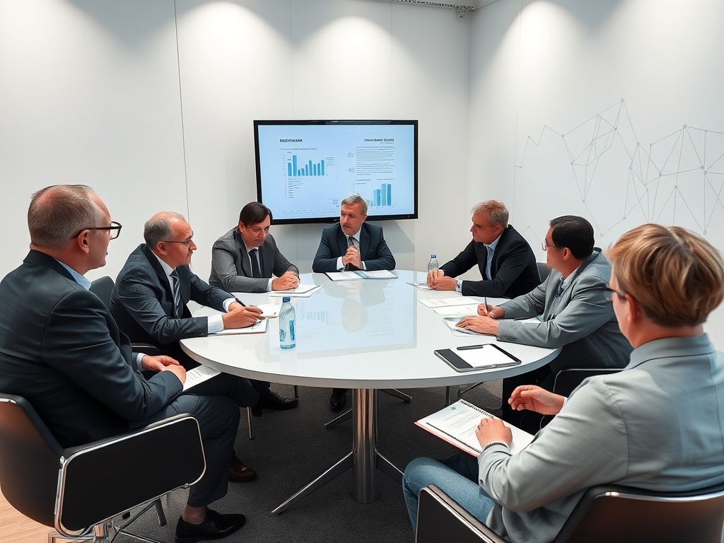 На совещании за круглым столом сидят восемь деловых людей, обсуждая представленные данные на экране.