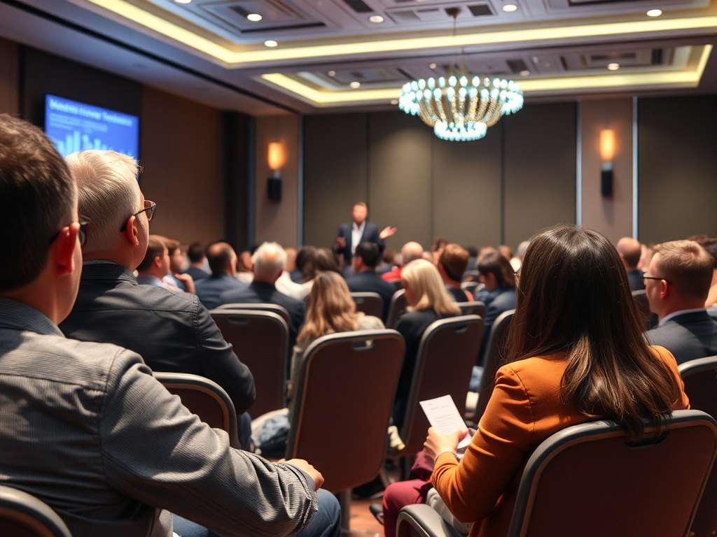 Аудитория на конференции слушает выступление спикера в современном зале. На стенде графики данных.