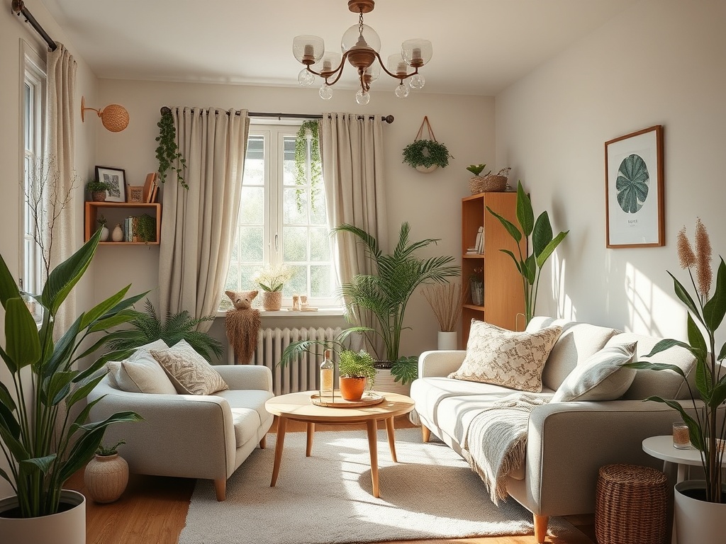 Уютная комната с растениями, диваном и столиком, наполненная естественным светом и теплом.