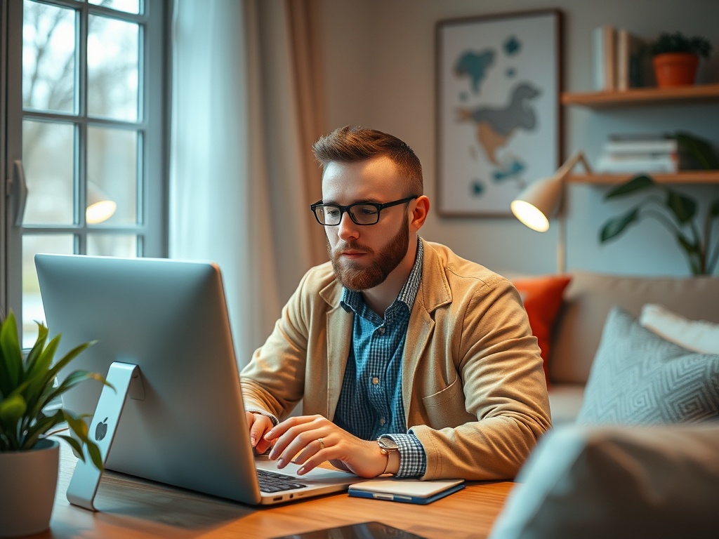 Молодой человек в очках работает за компьютером в уютной домашней обстановке, окруженный растениями.
