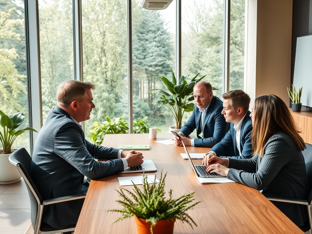 На встрече в офисе обсуждаются идеи. Четыре человека за столом, работают с документами и ноутбуками.