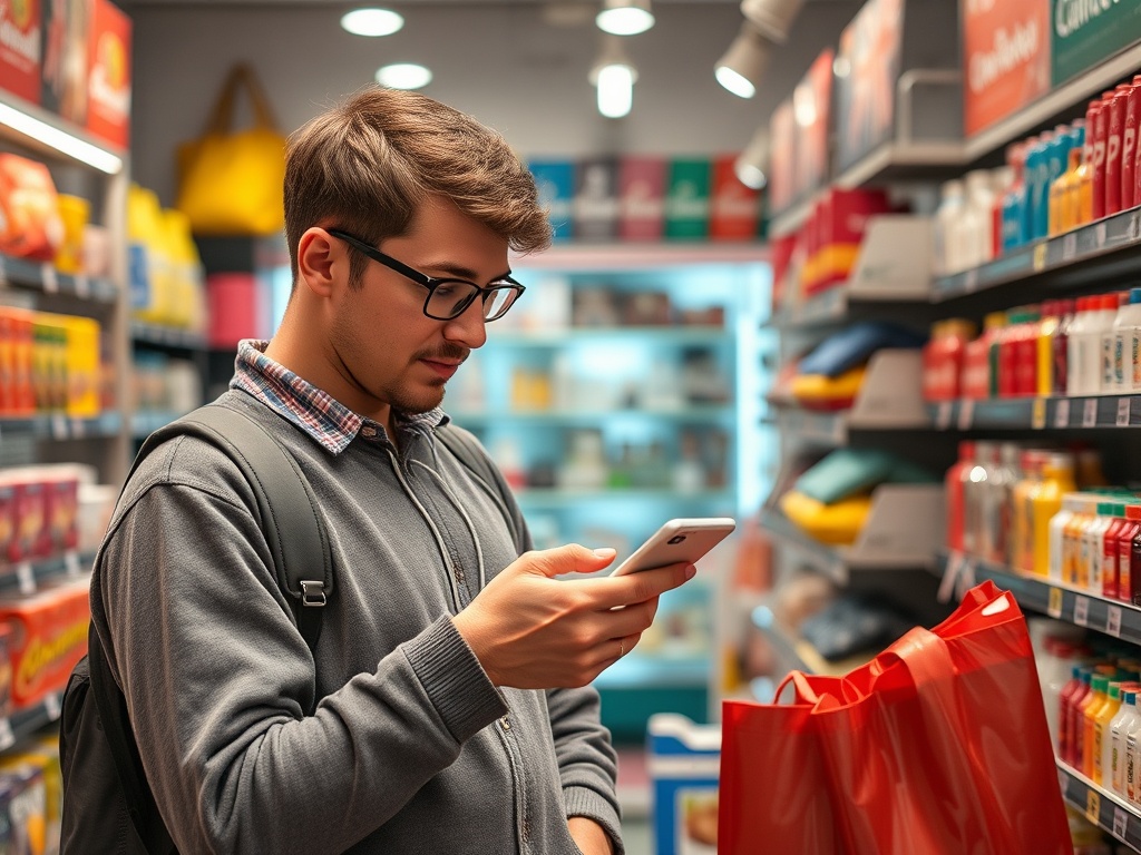 Молодой человек с телефоном стоит в магазине среди полок с товарами и сумками.
