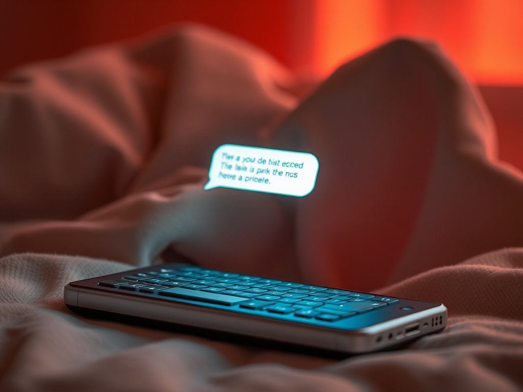 Смартфон лежит на постели, на экране сообщение с текстом в свете теплого освещения.